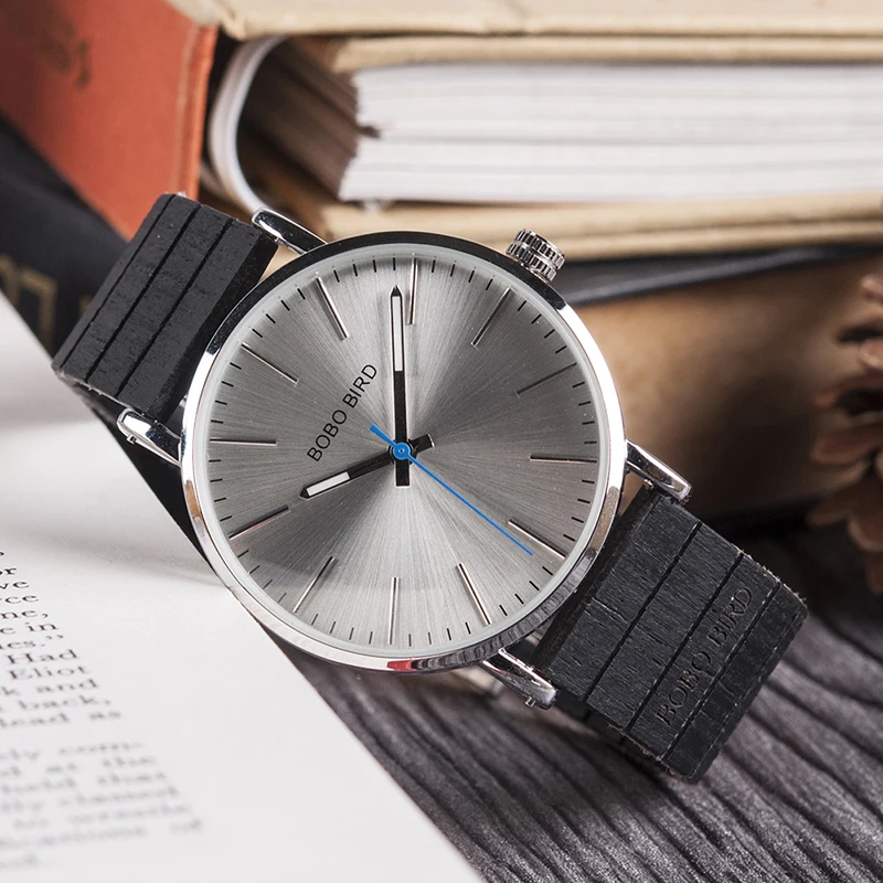 BOBO BIRD Ultra Thin Men Watch Silver Case Classic Dial Quartz Wristwatch with Special Wood Band in Gift Box