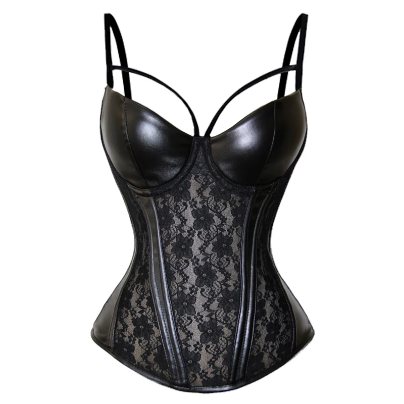 

Black Lace Overlay Leather Corset Tops Plus Size Female Slimming Bustier Corset 3 Row Hooks Back Leather Corset With Straps XXXL