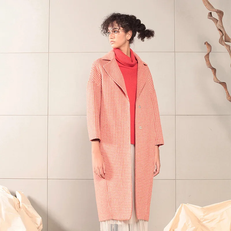 Lange wollen blends kasjmier jassen voor vrouwen 2019 herfst winter casual dames jassen plus size hoge kwaliteit roze hounds tand Lange wollen blends kasjmier jassen voor vrouwen 2019 herfst winter casual dames jassen plus size hoge kwaliteit roze hounds tand