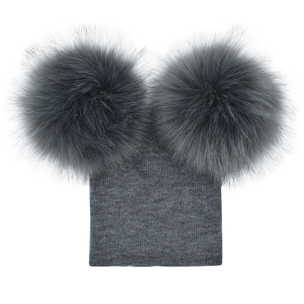 1pcs Autumn New Women Faux Fur Pompom Hat Childr Winter Warm Cap Knitted Beanie Double Ball Pom Pom Hats Woman Bonnet Fem