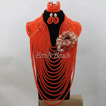 

Big African Jewelry Set Glod Plated Costume Nigerian African Wedding Crystal Beads Jewelry Sets Orange 2016 Hot AIJ388