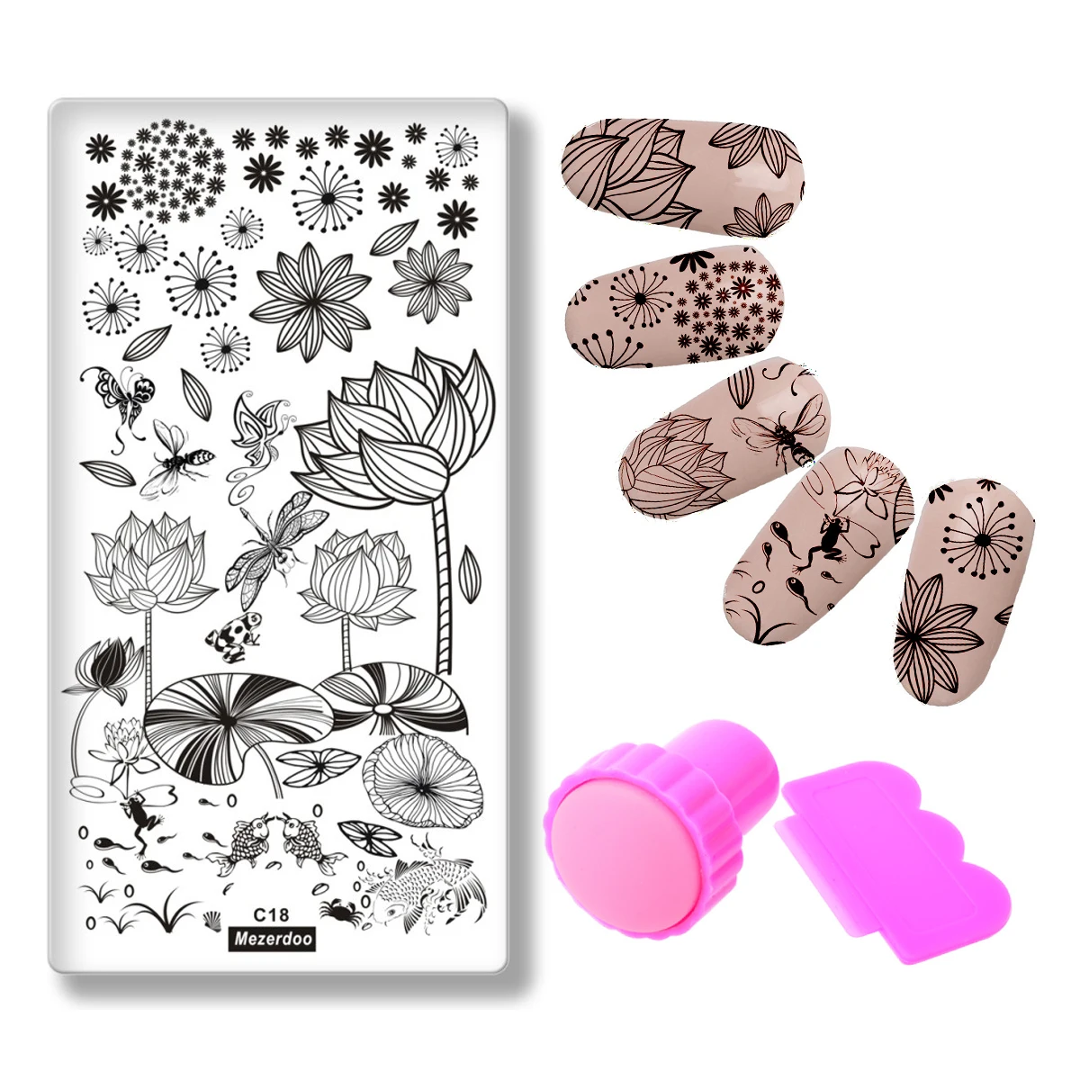 

Summer Theme Nail Template+Pink Stamper Scraper Lotus Pond Goldfish Frog Designs Nail Stencil Dragonfly Butterfly Patterns Deco