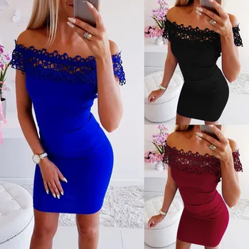 

2019 Summer Dress Women's Sexy Slash-Neck Lace Slim Black Blue Mini Party Short Dress Bodycon Package Hips Mini Dresses Vestidos