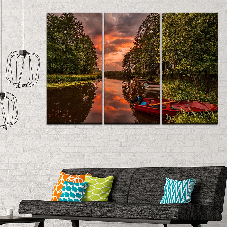 Canvas Painting Fishing boat on river with sunset 3 Pieces Wall Art Modular Wallpapers Poster Print Home Decor | Дом и сад