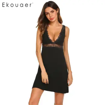 

Ekouaer Women Sexy Lingerie Sleep Dress Chemise Nightgown Lace Patchwork Night Dress Female Nighties Dress Home Clothing