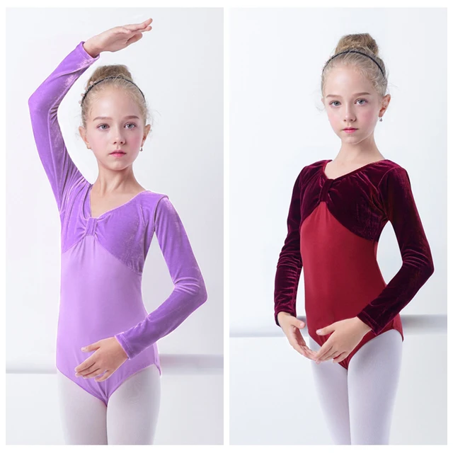 Girls Kids Velvet Cotton Gymnastics Leotard Long Sleeve