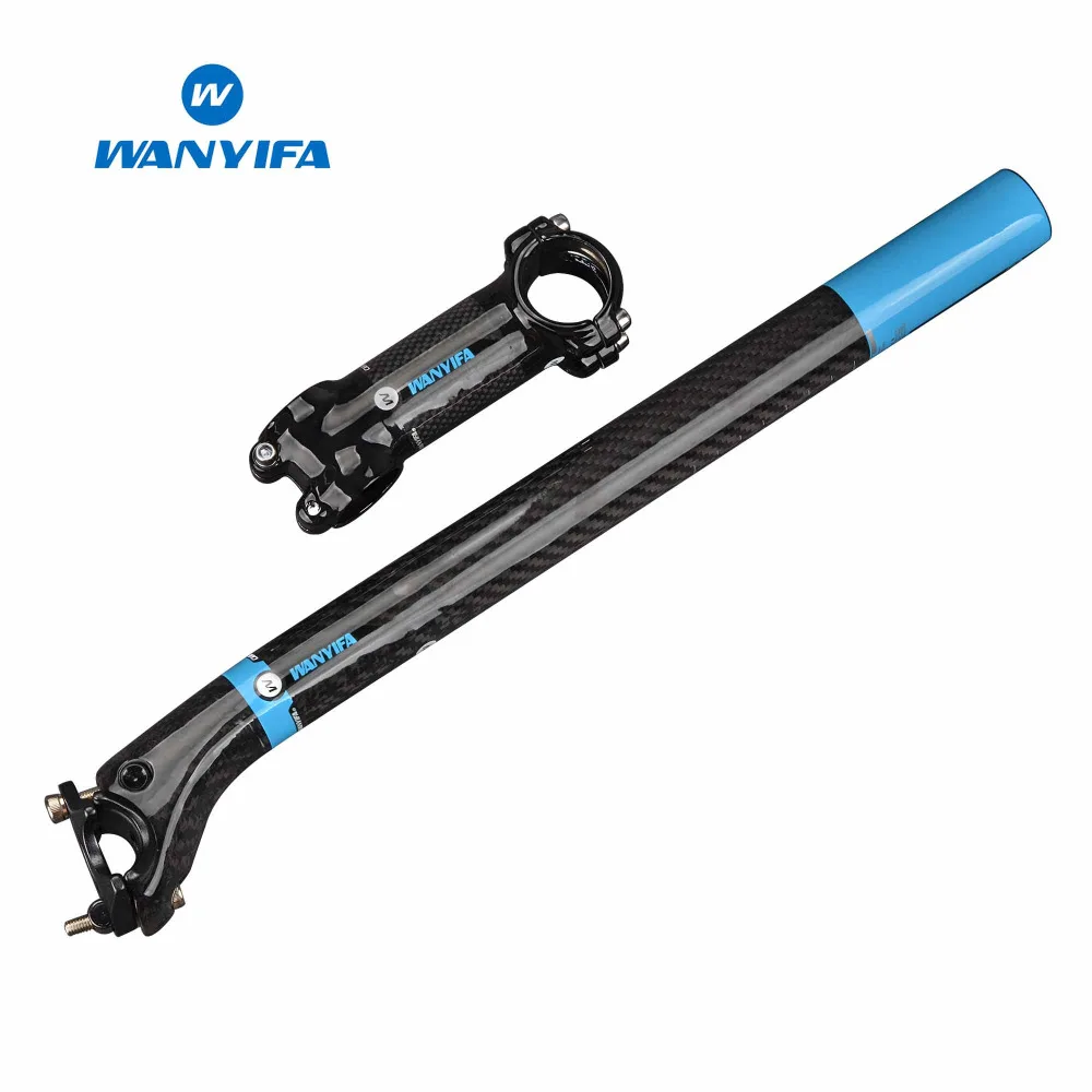 

Wanyifa Carbon Fibre Mountain Bike Sets Cycling Seatpost + Stem Racing Bicycle Parts Set Blue
