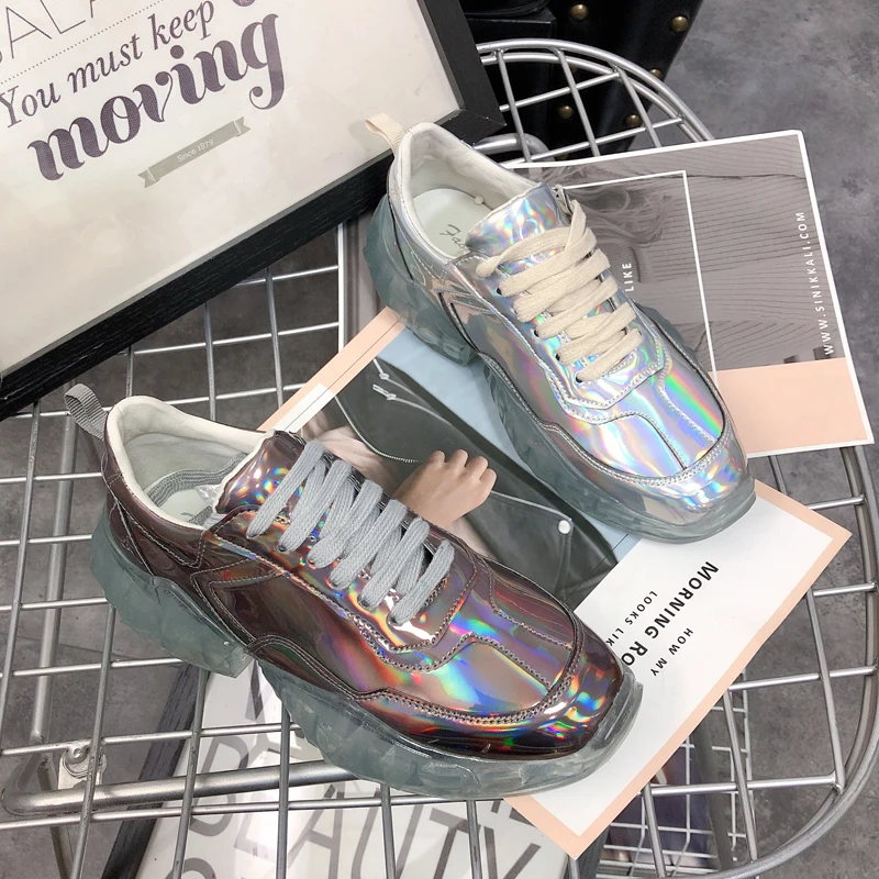 2019 spring new gradient reflective laser jelly bottom casual shoes female thick muffin wedge running | Обувь