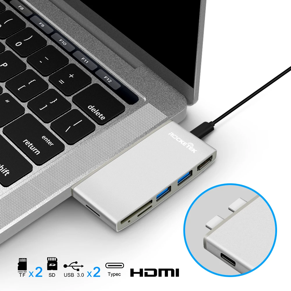 

Rocketek multi type c 3.0 2 USB hub port HDMI 4K adapter splitter with SD TF Card Reader for MacBook pro pc laptop accessories