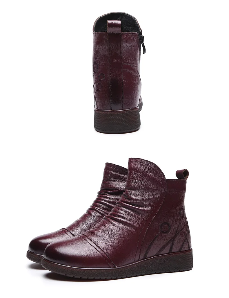 DRKANOL/Новинка; винтажные плиссированные ботильоны из натуральной кожи на молнии для женщин; зимние ботинки; зимняя короткая плюшевая теплая женская обувь на плоской подошве