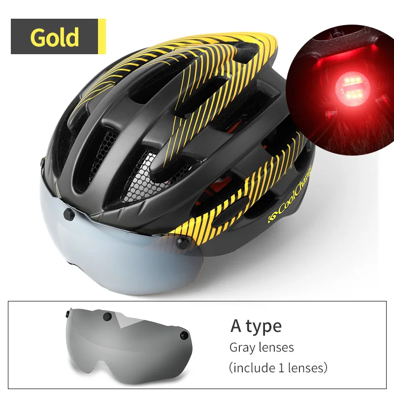 Gold 1 lens CoolChange велосипедный шлем с светильник ветрозащитные очки велосипедный шлем MTB сетка от насекомых цельный литой мужской женский велосипедный шлем - Цвет: Gold 1 lens