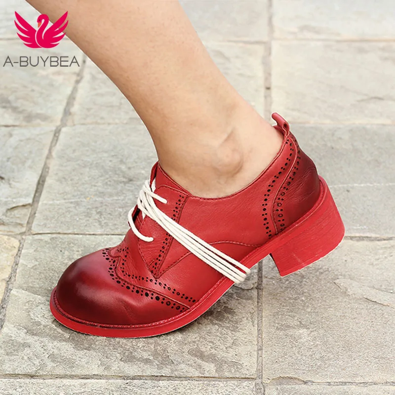 

A-BUYEBA Bullock Real Leather Spring Autumn Women Pumps Luxury Brand Lace-up Mid Heels Women Shoes Fashion Casual Ladies Shoes