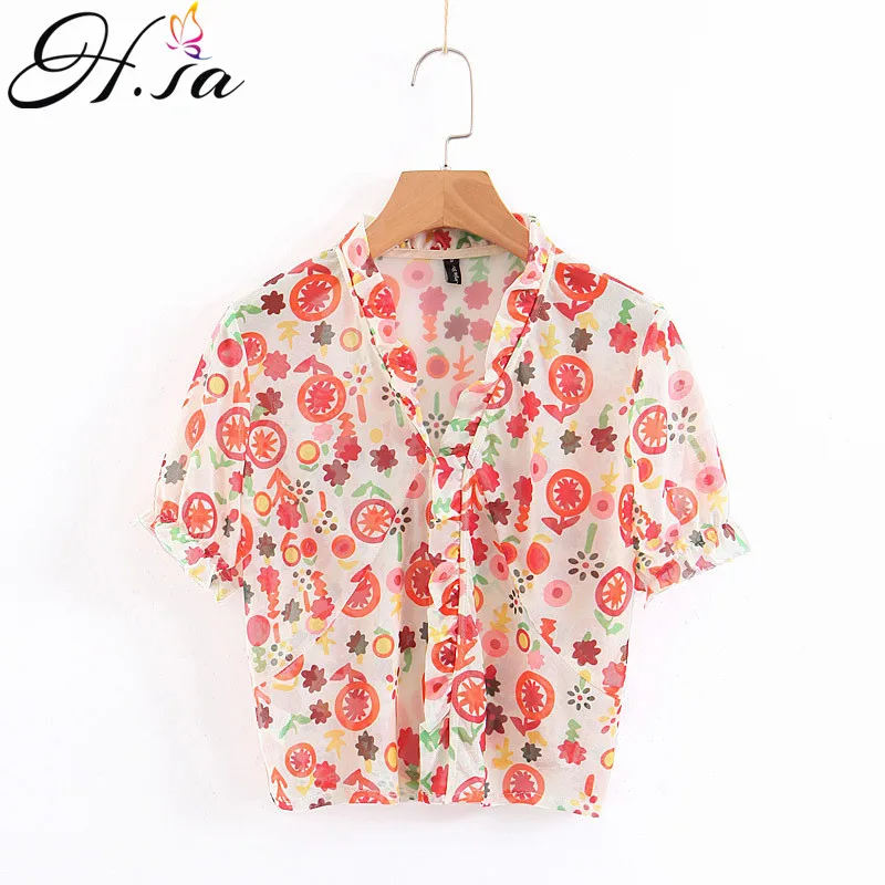 

H.SA 2019 Women Summer Floral Blouses and Shirts Turn Down Collar Short Sleeve Button Up Loose Stretwear Tops Elegant Blouse