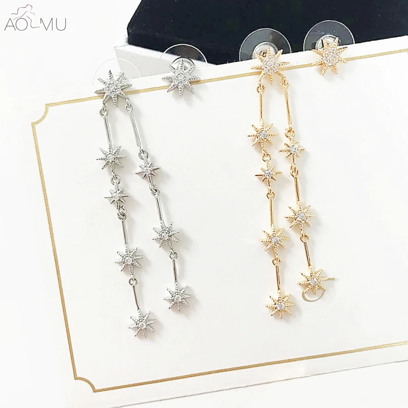 

AOMU Korea S925 Sterling Silver Asymmetric Crystal Stars Long Tassel Pentagram Drop Earrings For Women Girl Party Gift