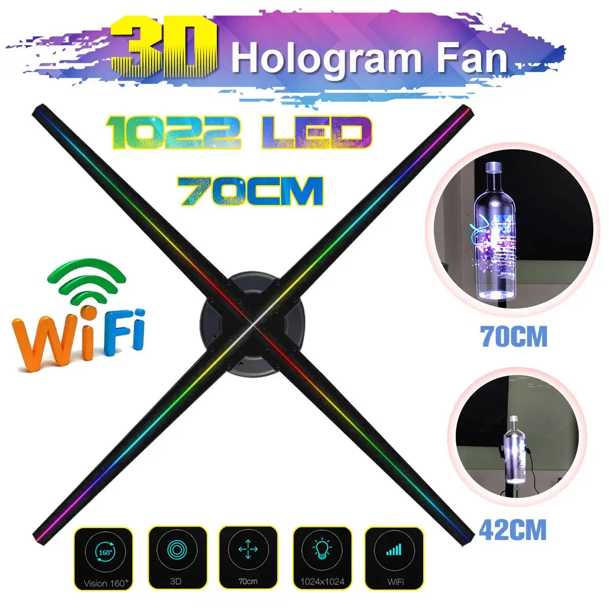 

Upgraded 70cm Wifi 3D Holographic Projector Fan Hologram Player LED Video Display Fan Advertising Light APP Control Four Axil