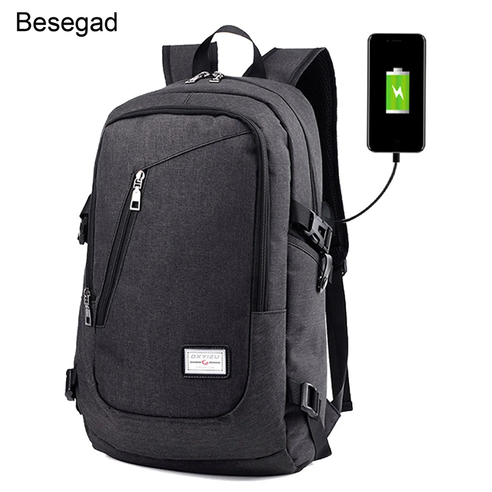Besegad USB зарядное устройство Men9s рюкзаки для мужчин и женщин Студенческая школьная