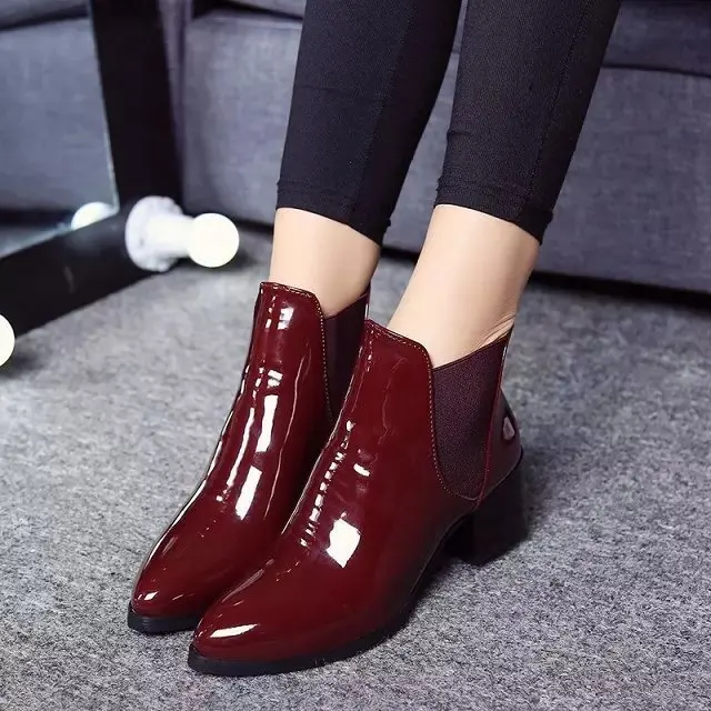 New Arrival Fashion Shoes Women Boots Elasticated Patent Leather Ankle Boots Pointed Low Heel Boots Female Sexy Shoes