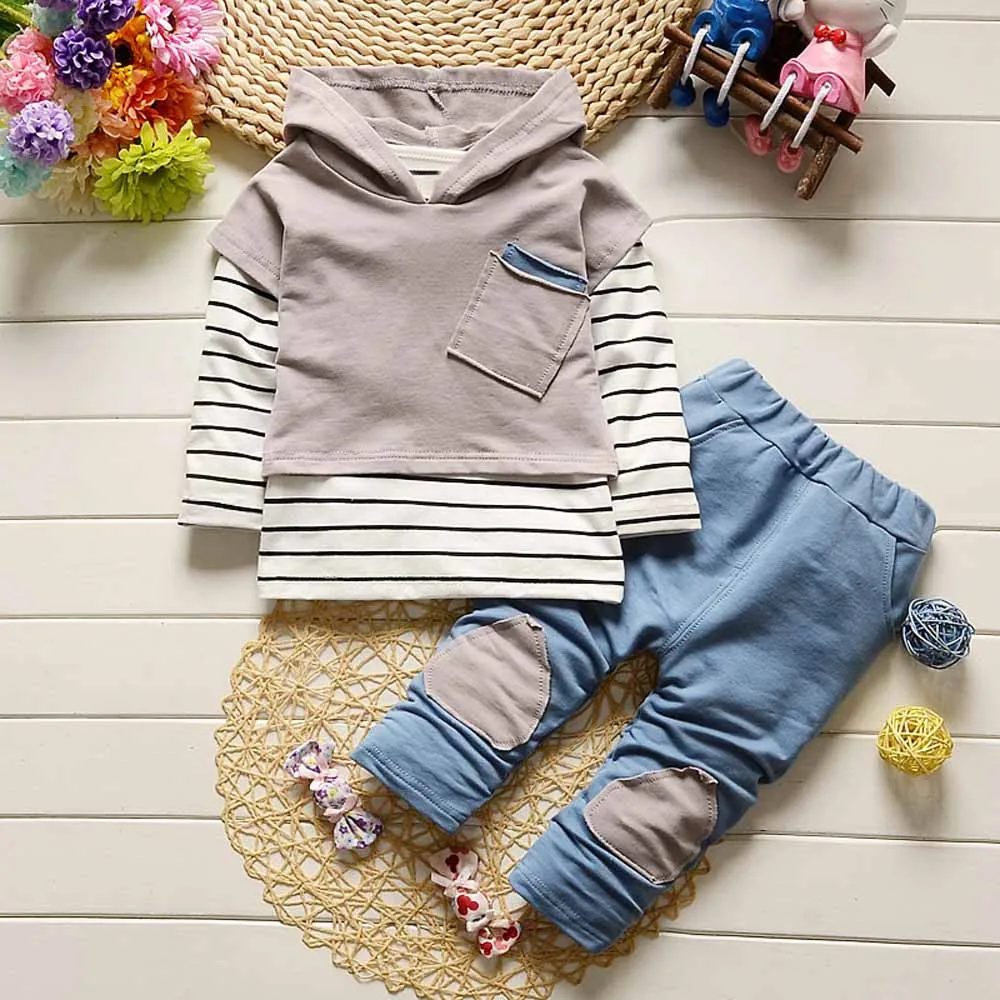 

Toddler Kids Baby Boy Girls Outfits Hooded Stripe T-shirt Tops+Pants Clothes Set