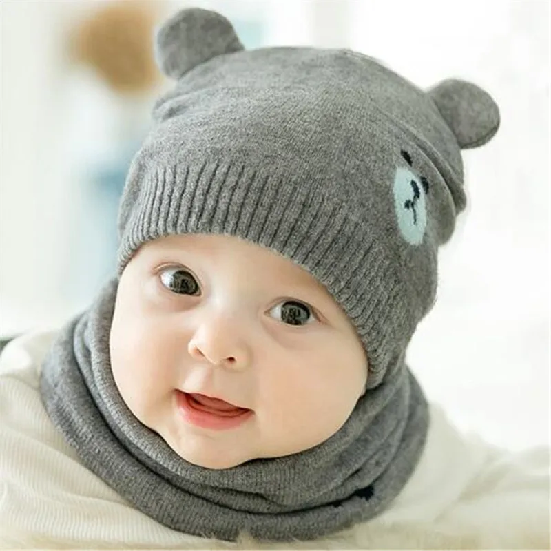 

2 pcs/set Autumn Newborn Baby Knit Hat Scarf Set Cartoon Bear Kids Boys Girls cute ear Winter Beanie Hat Scarf suit 0-12M