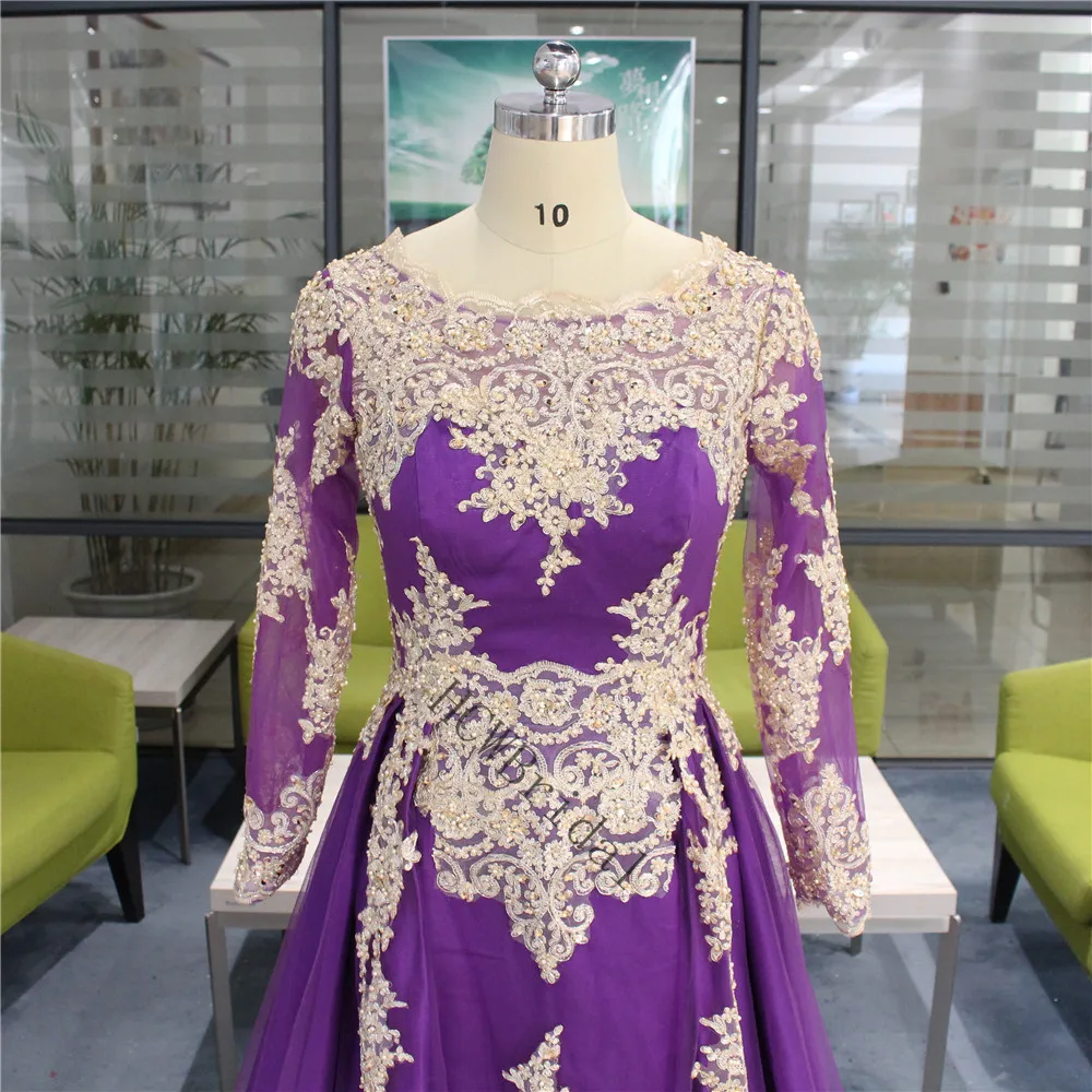 На заказ фиолетовый длинный рукав в арабском стиле вечернее платье золотые бисерные Аппликации Тюль трапециевидные Формальные случаи женские платья дешево