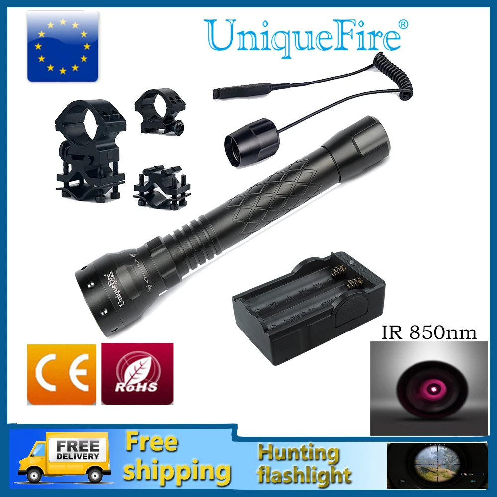 

UniqueFire 1502 IR 850NM Hunting Flashlight Tactical LED Infrared Invisible Light+2 Slot Charger+Scope Mount+Rat Tail