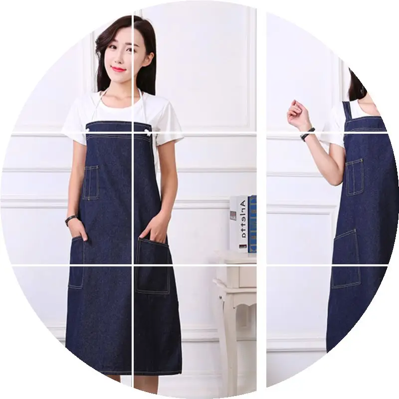 Korean Women Men cotton Denim Apron Hotel Cafe Baking Restaurant Bar Beautician Chef Kitchen Cooking Apron With Pockets