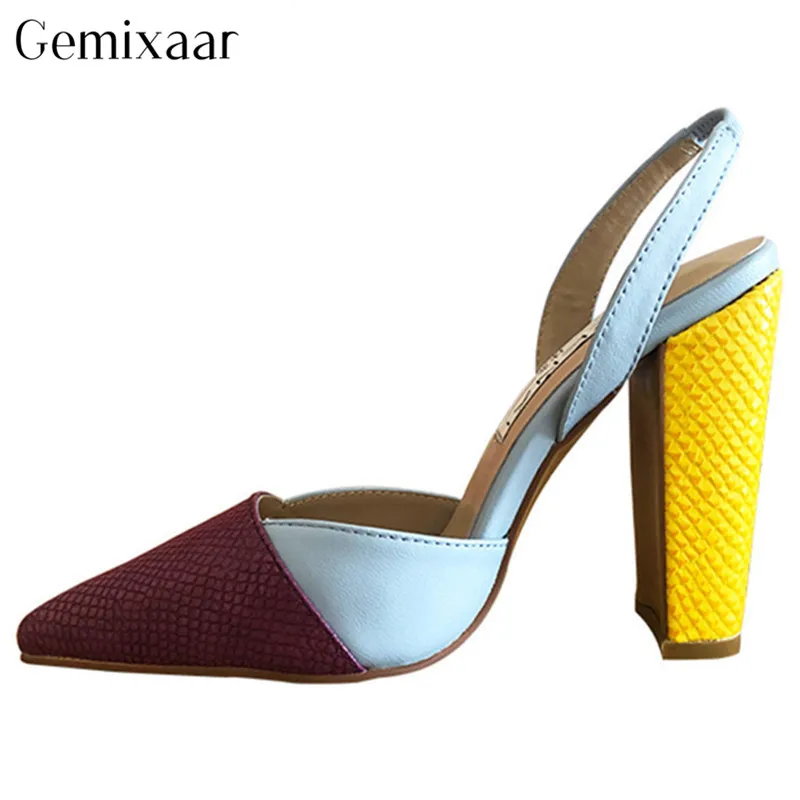 

Fashion Snakeskin Mixed Candy Color Chunky High Heels Women Shoes Holiday Pointey Toe Back Strap Slim Sandals Woman