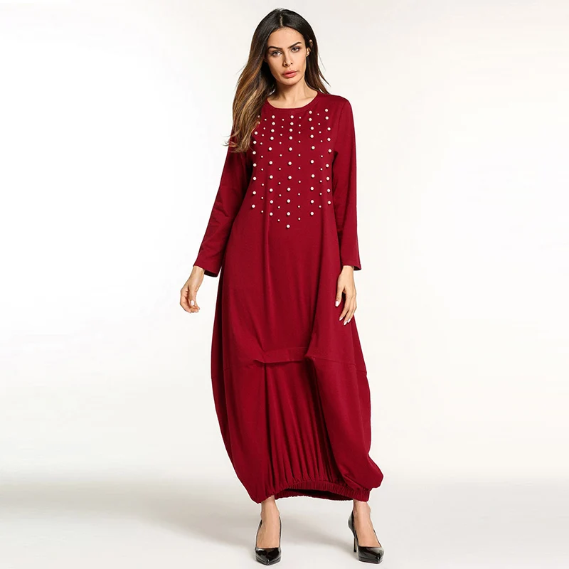 Мусульманское модное женское плиссированное платье с длинными рукавами и бусинами и круглым вырезом на Среднем Востоке, красное вино