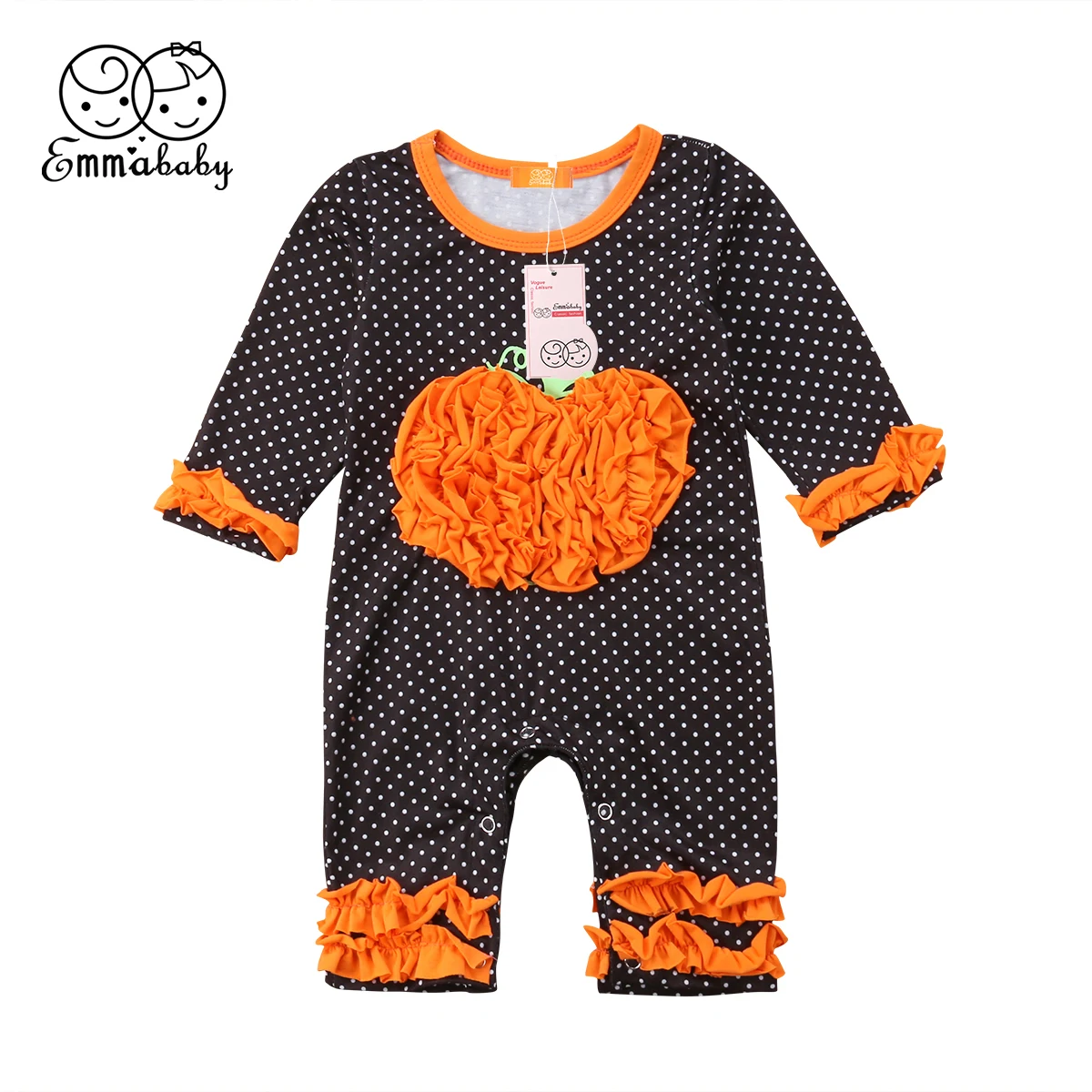  Halloween Baby Boy Girl Kids Clothes Pumpkin Romper Long Sleeve Dot Jumpsuit Sleepwear Pajama Outfi