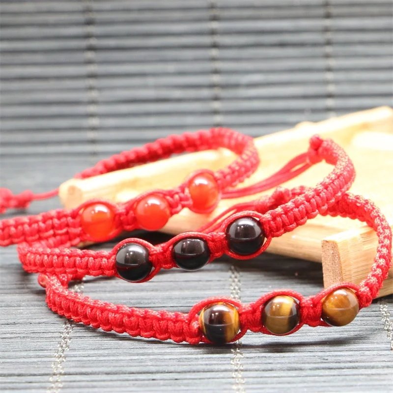 Classic Kabbalah Hand Made Lucky Tiger Eye Stone Obsidian Red Rope