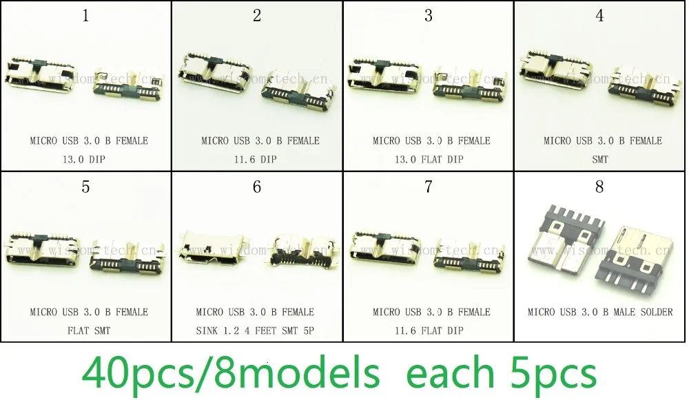 40 шт./8 моделей HI-speed Micro USB 3,0 jack Женский 10Pin SMD& DIP разъем PCB пайки разъемы