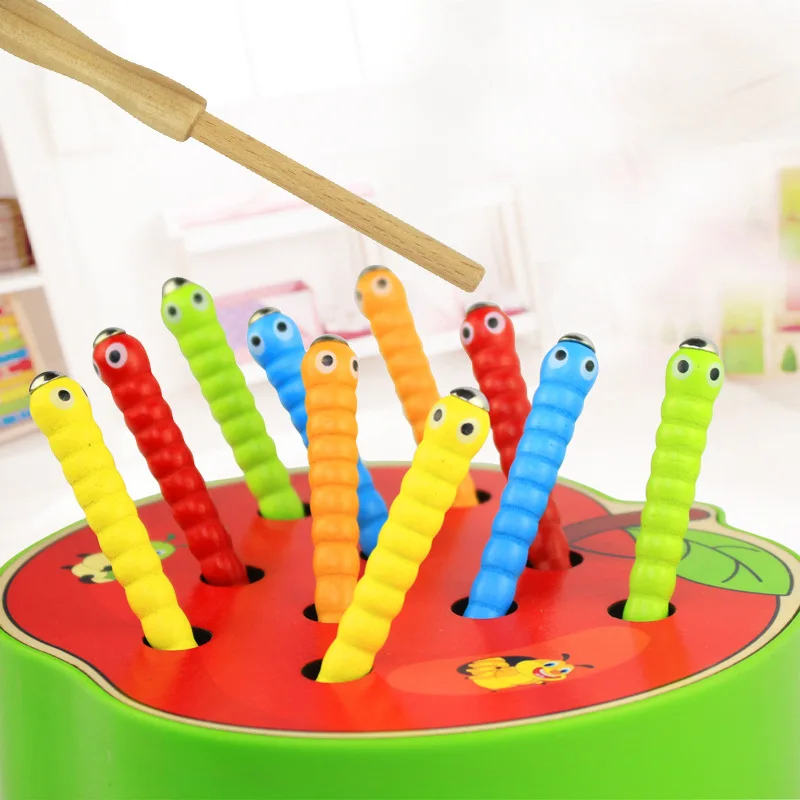 

Early childhood building blocks magnetic fishing catch catch insects game children's wooden puzzle caterpillar toys