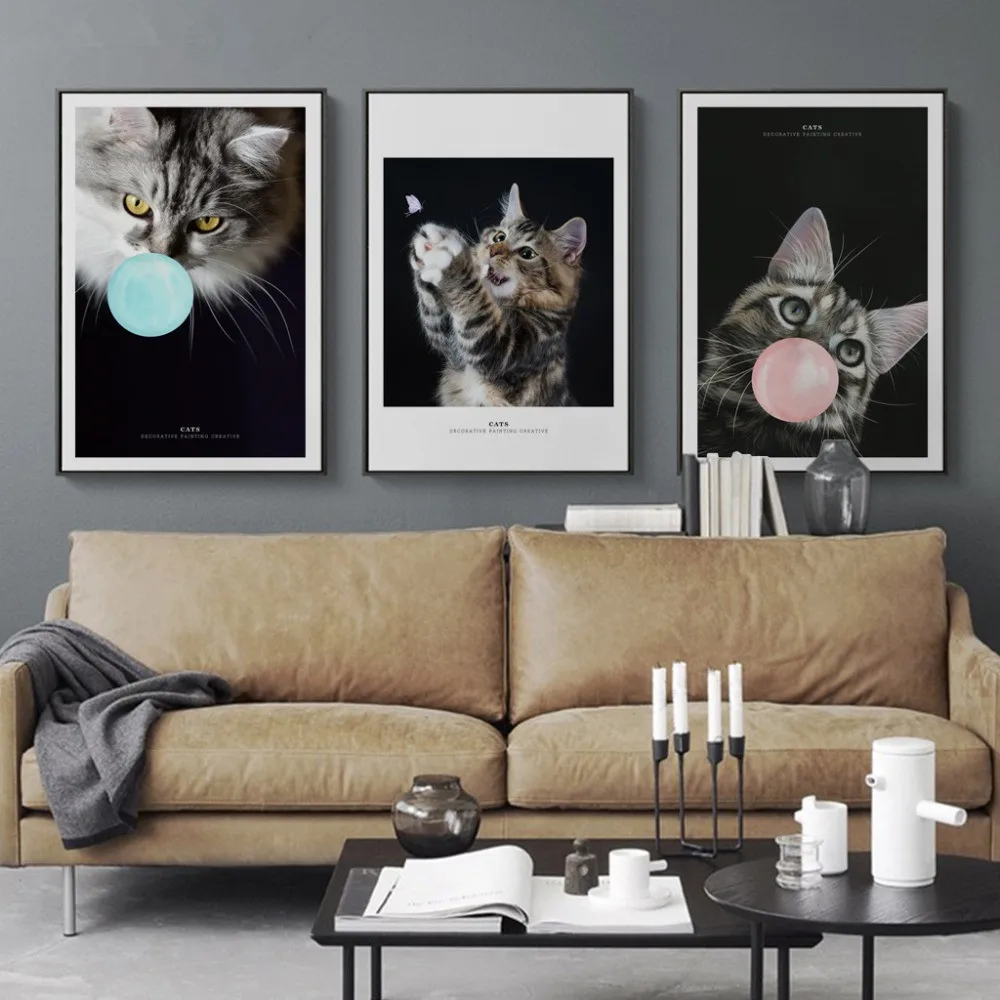 Nordic Animal Pet Cute Cat Poster Print Minimalist Wall Art Canvas Painting Blowing Bubbles Picture for Kids Home Decor