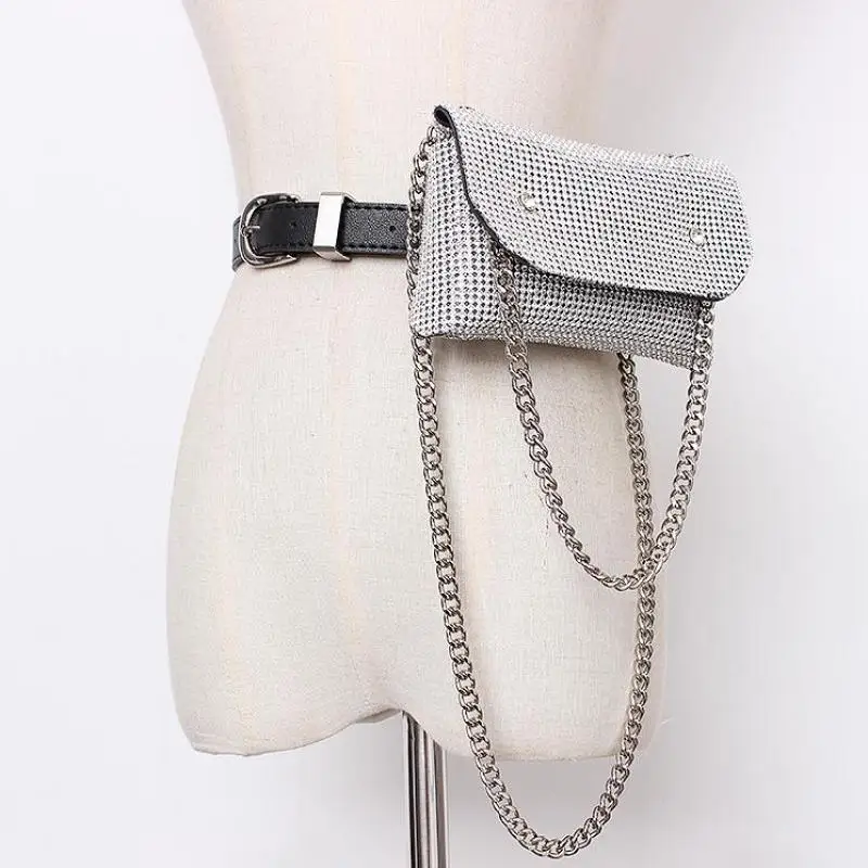 

New Personality Belt Women Fashion Tide All-match Waist Pack Waist Bag Pu Rhinestone Shining Stitch Mini-bag A457