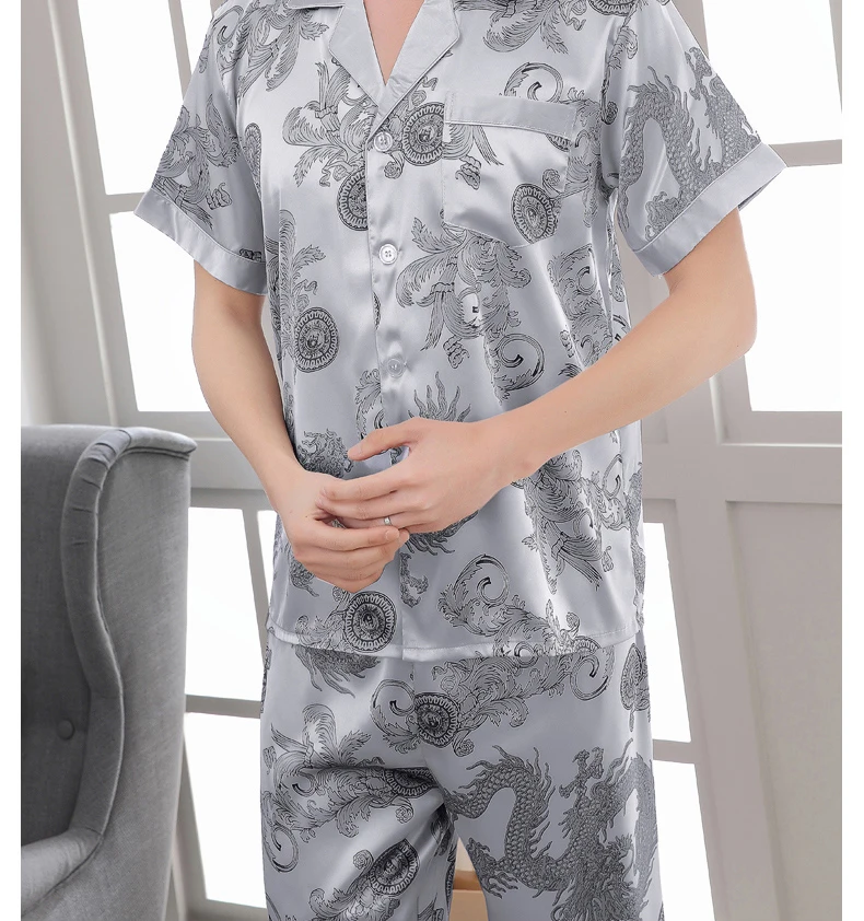 Винтаж серый китайский Для мужчин Satin Pajama Set Плюс Размеры XXXL Пижамный костюм футболка с коротким рукавом и Брюки для девочек Мотобрюки сна