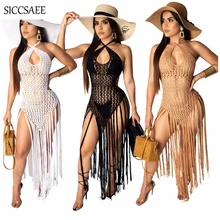 2019 Beach Style Halter Crochet Dresses Tassels Sheer Sexy Backless Vestidos De Fiesta Fit And Flare Dress See Through Cut Out retro cut out plaid fit and flare dress