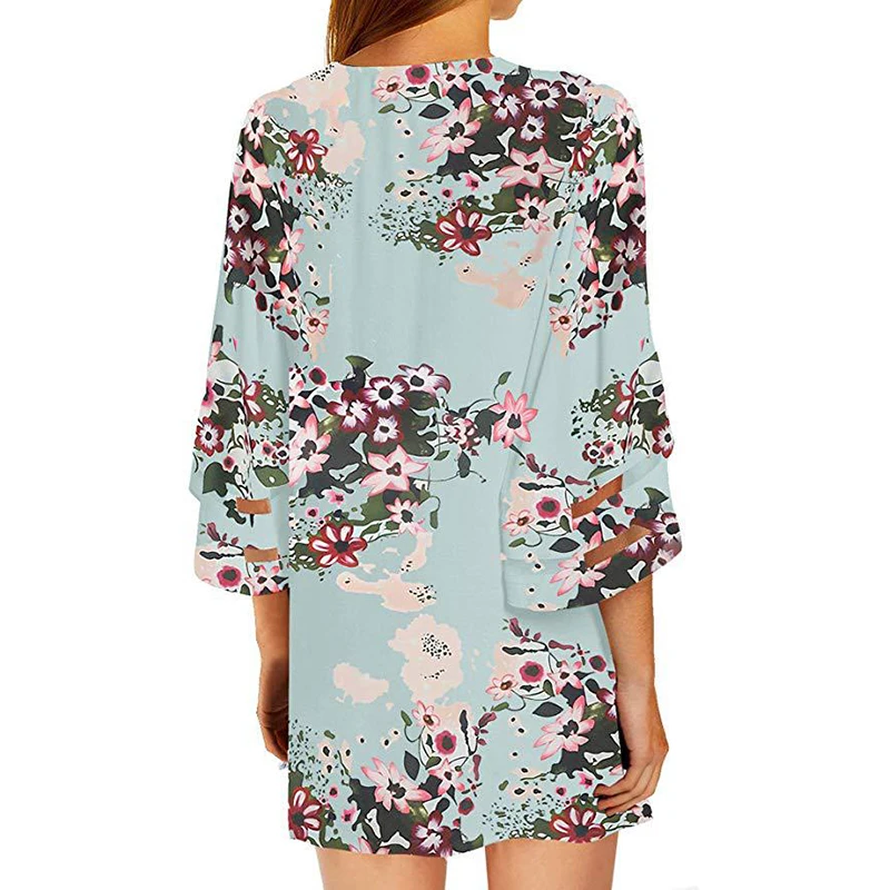 Summer Boho Holiday Plus Size 3XS-3XL Womens Floral Kimono Cardigan Top Female Casual Loose Mesh Shawl Bikini Cover Up Blouse