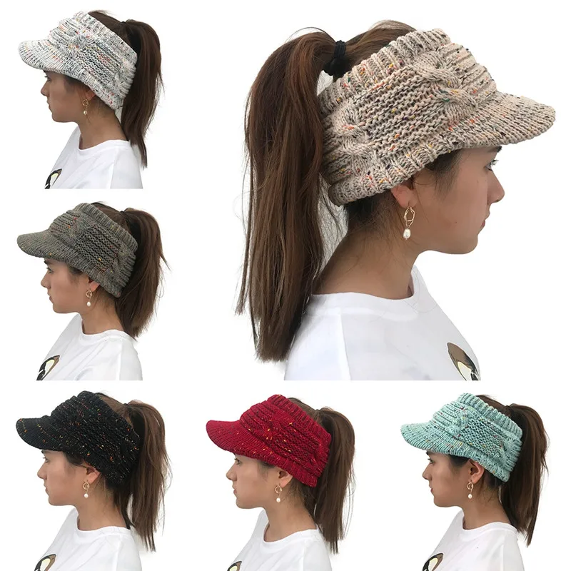 Эластичная зимняя теплая вязаная шляпа Кепка для женщин пустой Топ для активного отдыха Женский Повседневный высокий конский хвост 6 цветов шапка s