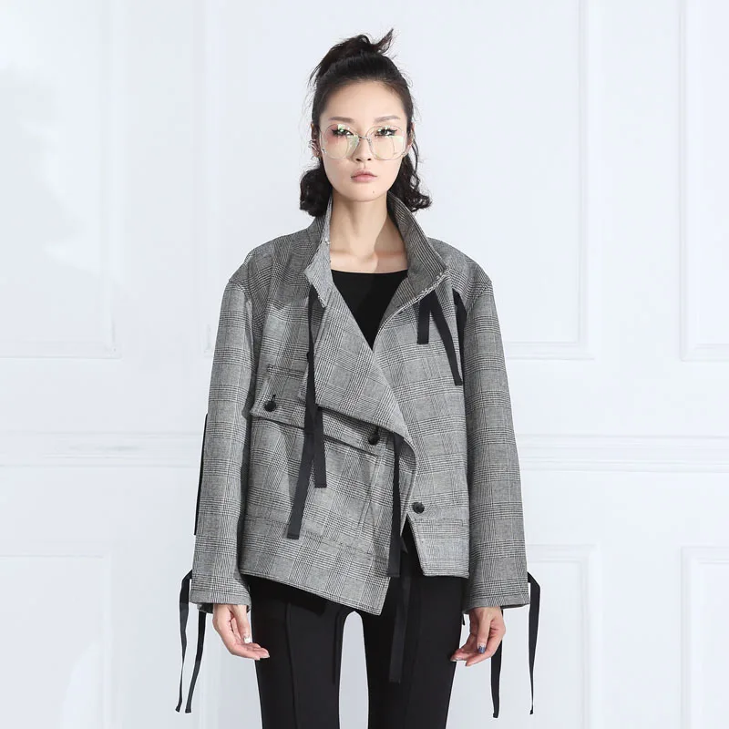 

CS113 New Arrival Autumn and Winter 2016 loose long sleeve stand collar fashion tied design plaid wool jacket women short coat