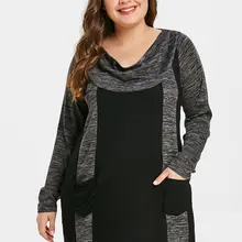 Wipalo размера плюс с двойным карманом контрастная Футболка Повседневная с воротником хомут с длинным рукавом Лоскутная футболка Женская Весенняя Осенняя футболка 5XL