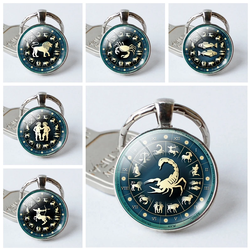 

12 Constellation Jewelry Women Men Leo Virgo Key Chains Zodiac Signs Scorpio Keychain Key Rings Bag Car Round Pendant Man Woman