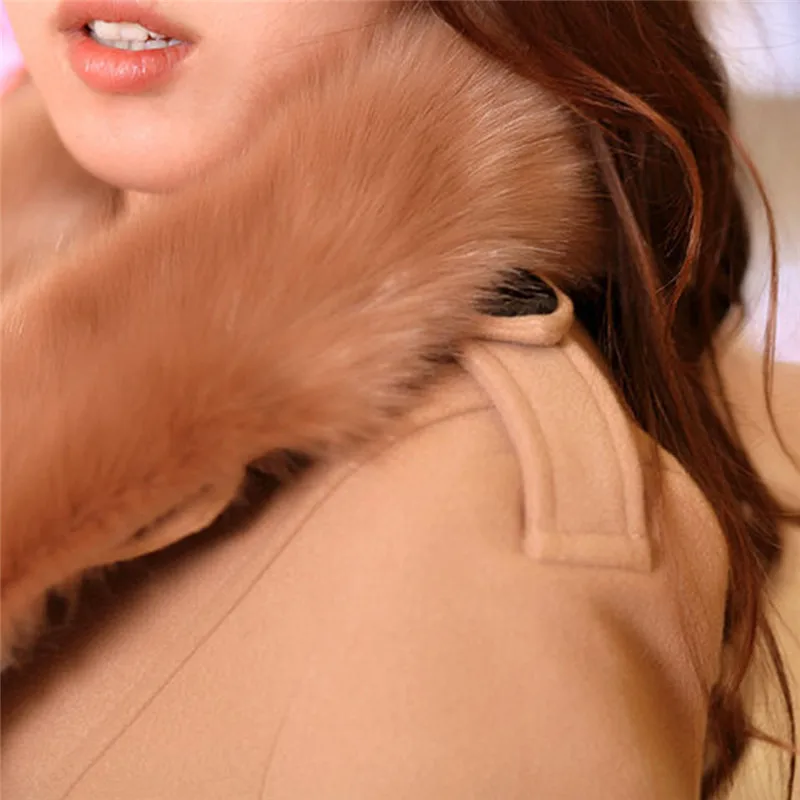 Зимние куртки женские двубортные куртки с большим меховым воротником Длинные шерстяные пальто Верхняя одежда зимняя хлопковая смесь куртка Большие размеры