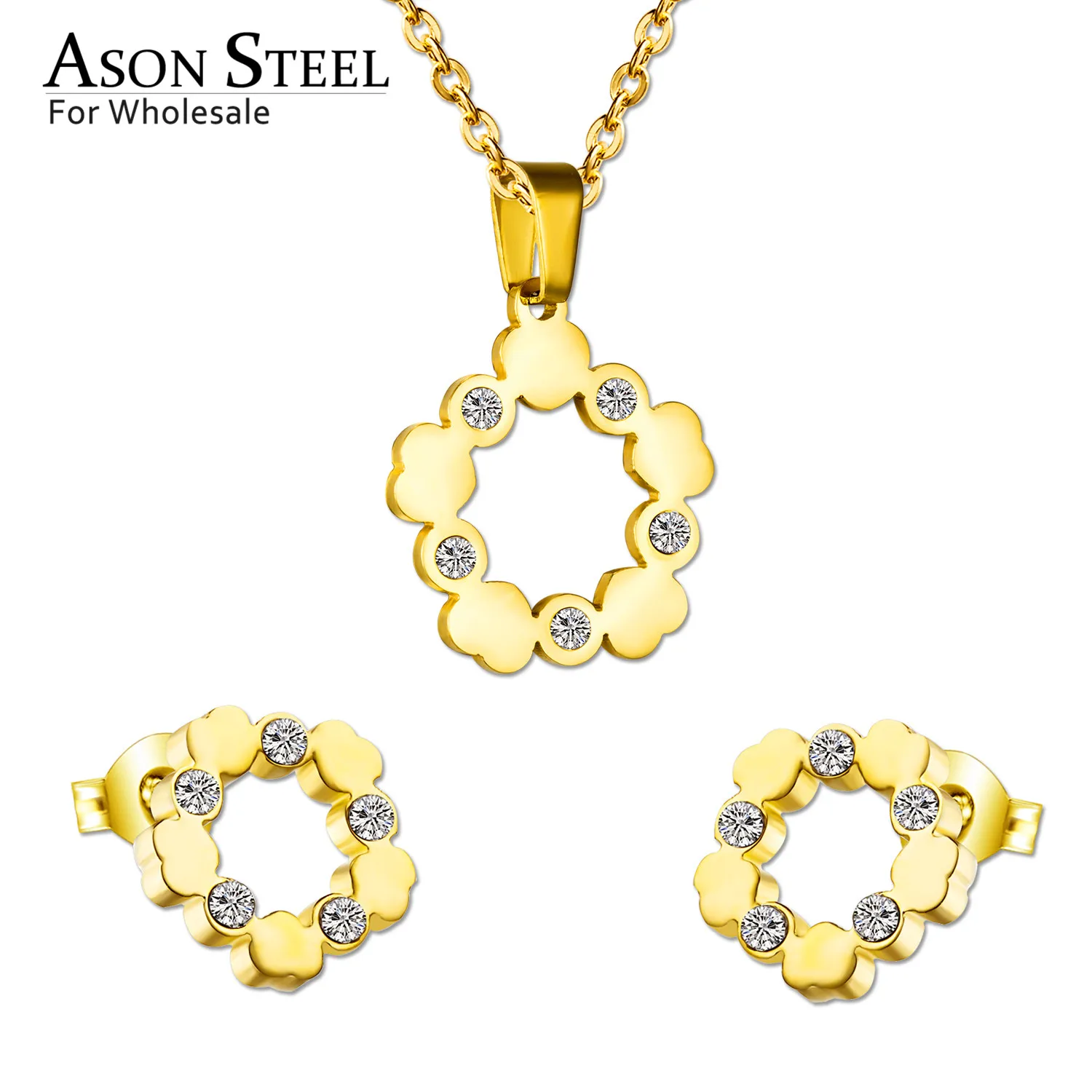 

ASONSTEEL 316L Stainless Steel Gold Color Jewelry Sets for Women 2019 Flower AAA+ CZ Pendant Necklace Small Earrings for Femme