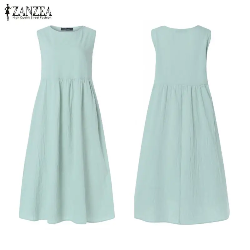 Sleeveless Green Женский льняной сарафан ZANZEA размера плюс летнее платье миди Повседневная рубашка с коротким рукавом с высокой талией плиссированное платье Femme - Цвет: Sleeveless Green