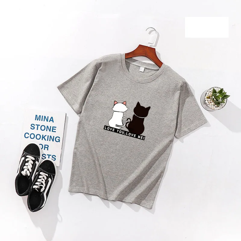 اثنين من القطط طباعة المرأة تي شيرت الربيع الصيف قصيرة الأكمام يا الرقبة القطن دنة النساء قمم المحملات يتأهل النساء تي شيرت