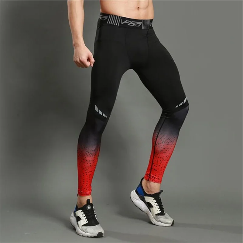 

Men GYM Fitness Legging red gray print splice High waist elastic band Quick-drying ankle-length underpants strong male sports