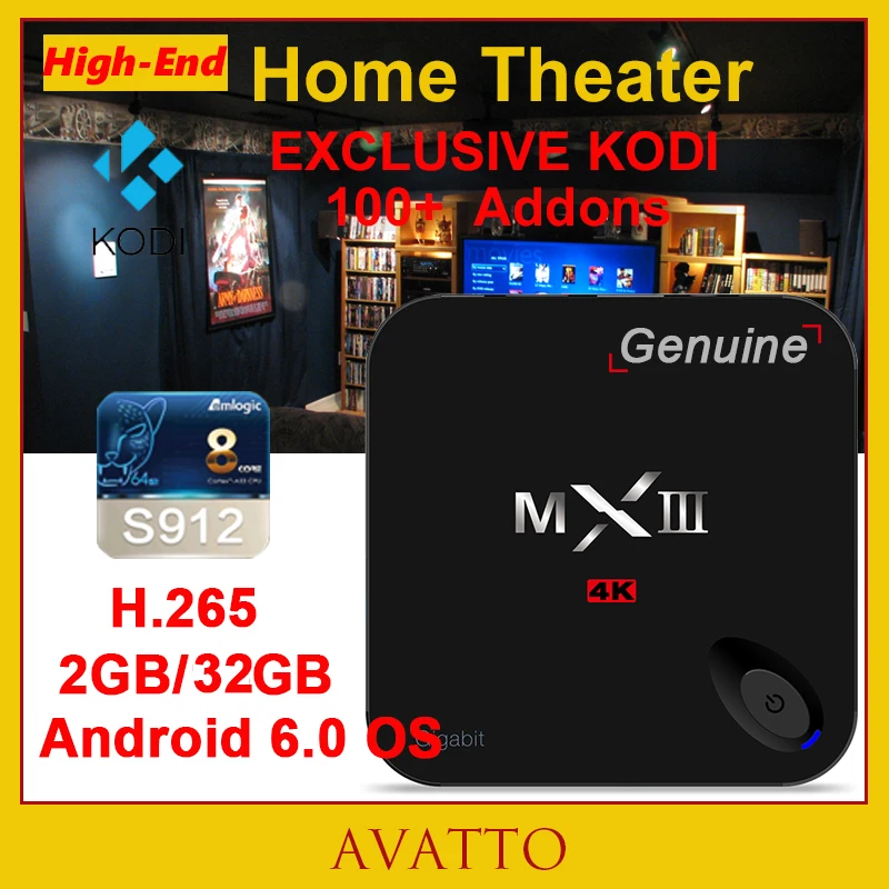  [AVATTO] 2G/32G MXIII-G Customized KODI Fully Loaded Android 6.0 Amlogic S912 Ocat Core Smart TV Box HDMI,5G-Wifi,4K,H.265,MXIII 