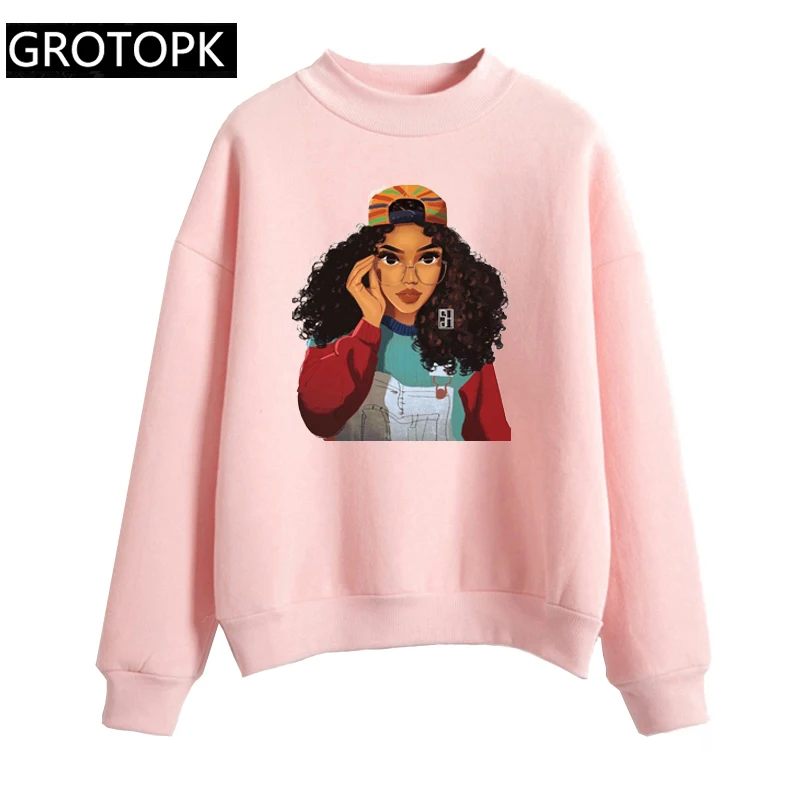  Black Girl Melanin Poppin Queen Art Women's Fashion Sweatshirt Autumn Fleece Casual Pink Hoodie Swe