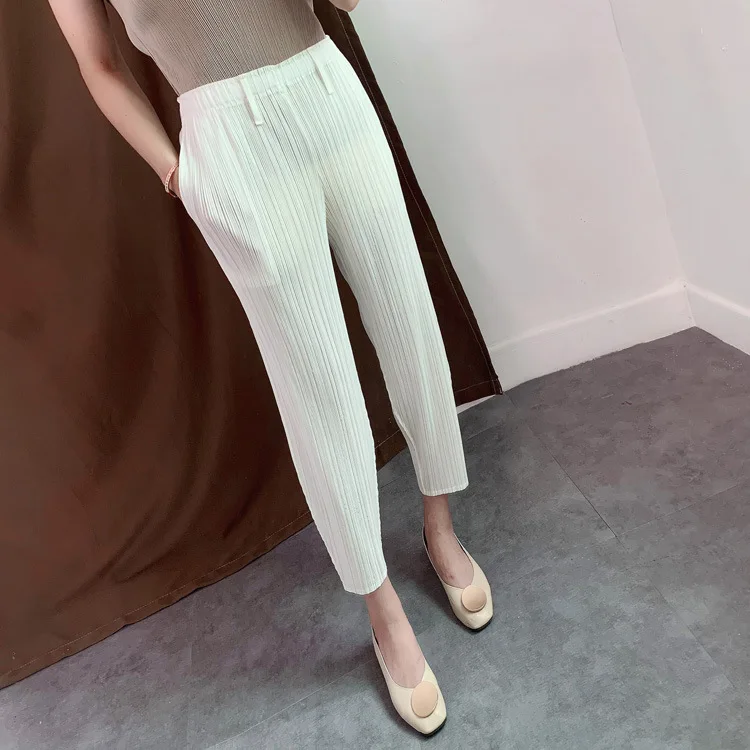 

Plus Size Pants Women Summer Stretch Miyake Pleats Casual Harem Pants New Loose White Ankle Length Feet Pants