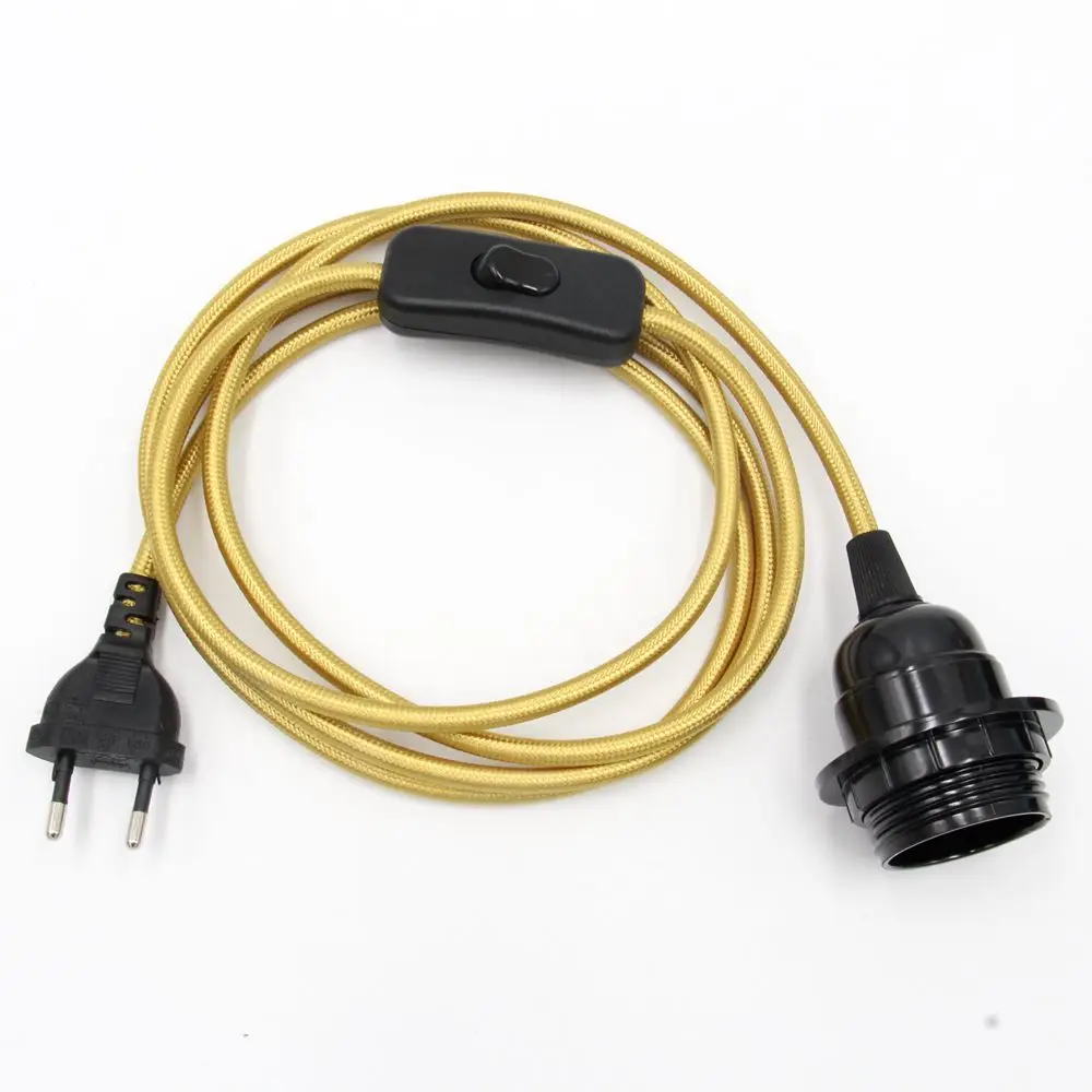 European Plug Power Cord with On/Off Switch and E27 Lamp Holder for Wall or Hanging Light Fixtures, 2m Length